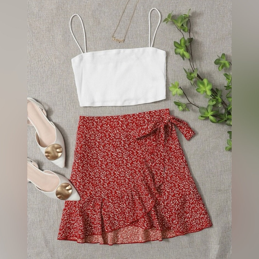 SHEIN PLUS Rib-knit Crop Cami Top & Plants Print Cross Wrap Tie Skirt 1XL